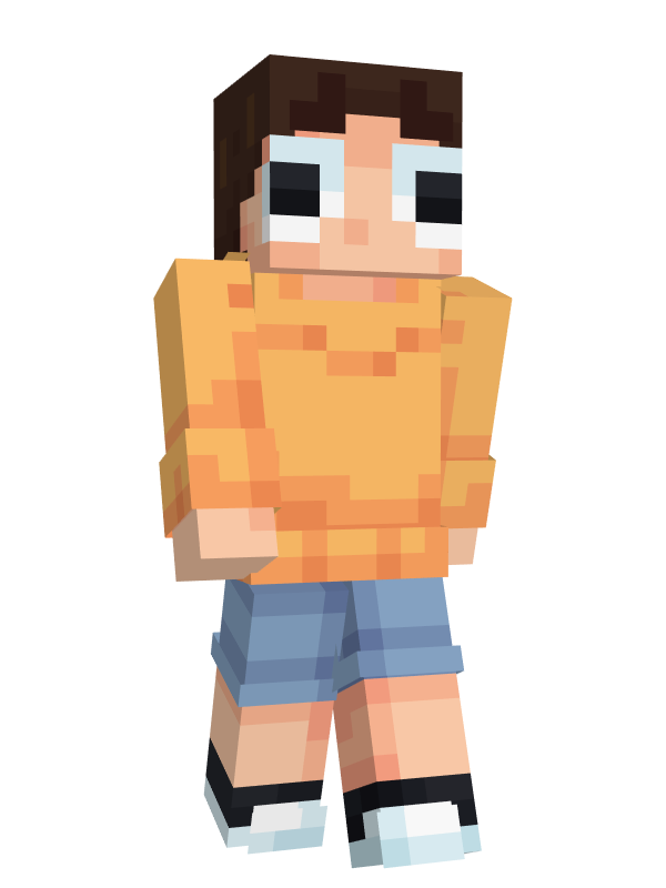 A render of Panic's Minecraft skin. It is a person wearing a yellow hoodie who has oversized cartoon eyes.
